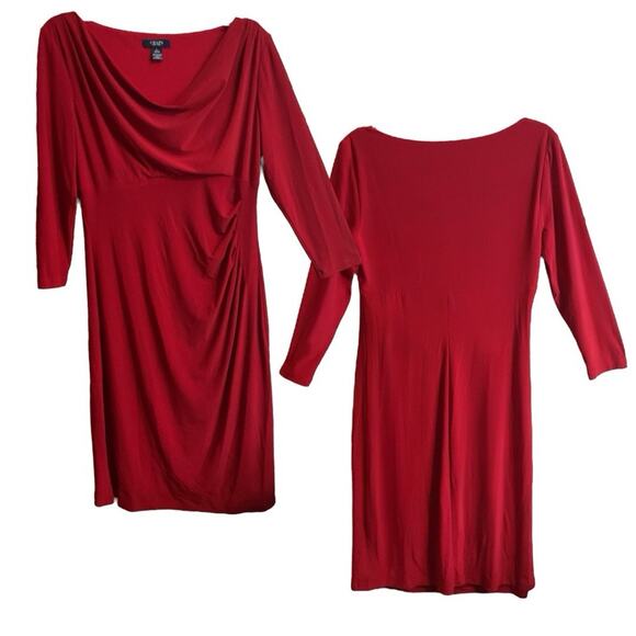 Chaps Women's Red Cowl Neck Ruched Sheath Dress Flattering 3/4 Sleeve -Size L - Picture 8 of 11